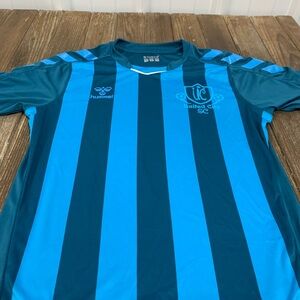 Hummel Teal and Dark Blue Striped Soccer Top